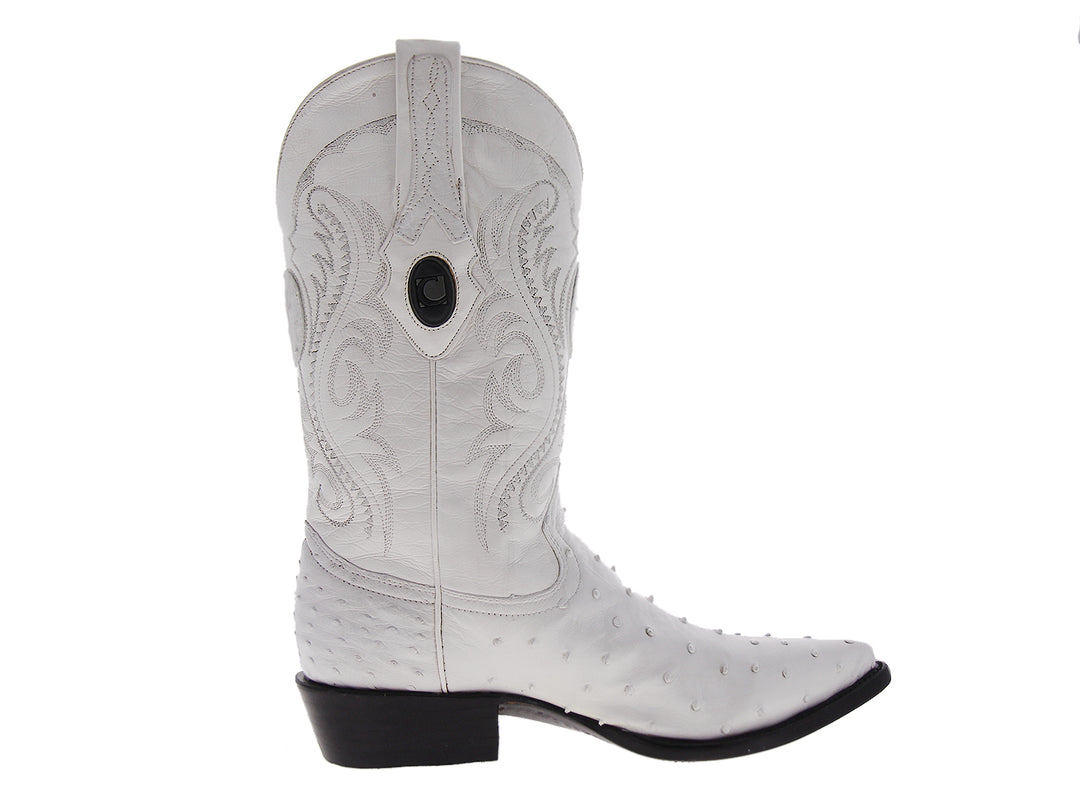 Bota vaquera de cuero color blanco con bordados decorativos y suela negra.