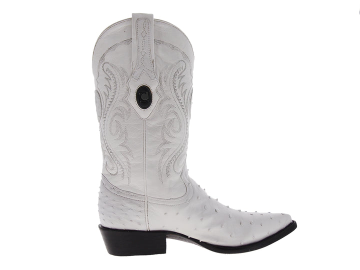 Bota vaquera de cuero color blanco con bordados decorativos y suela negra.