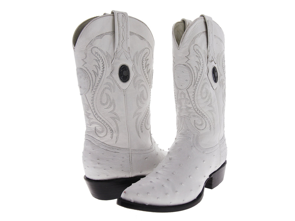Bota vaquera de cuero color blanco con bordados decorativos y suela negra.