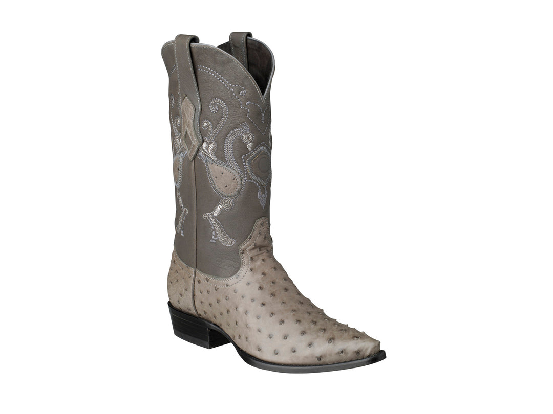 Bota vaquera de cuero gris con textura de avestruz y bordados decorativos en el tubo.