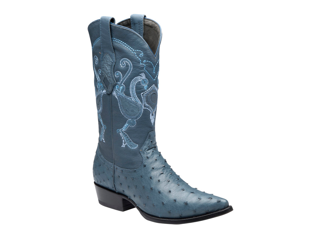 Bota vaquera de cuero azul con textura de avestruz y bordados decorativos en el tallo.