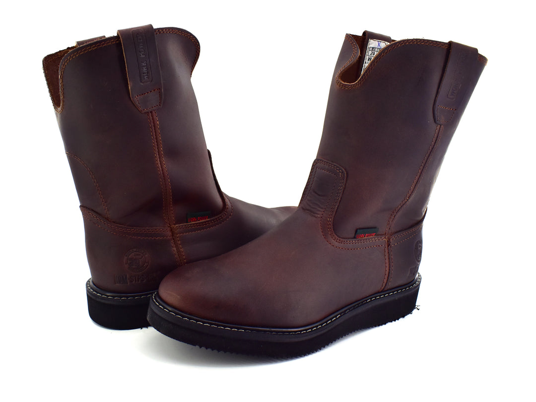 Par de botas de cuero color chocolate con suela negra, estilo Roper de la marca Work Power.