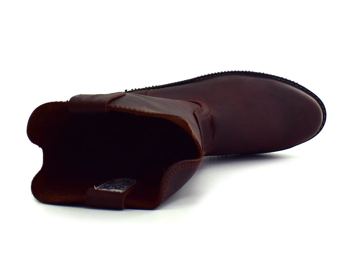 Par de botas de cuero color chocolate con suela negra, estilo Roper de la marca Work Power.