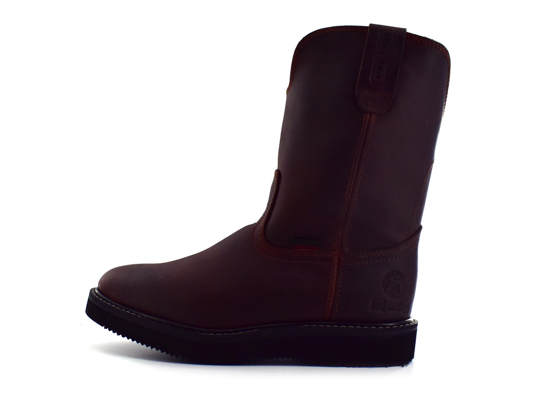 Par de botas de cuero color chocolate con suela negra, estilo Roper de la marca Work Power.