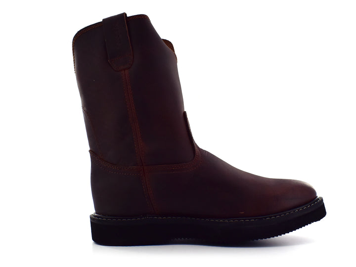 Par de botas de cuero color chocolate con suela negra, estilo Roper de la marca Work Power.