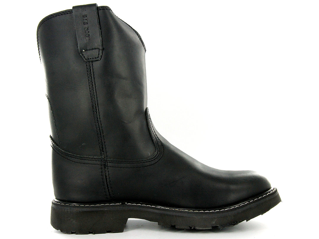 Par de botas negras de cuero estilo Roper de la marca Work Power sobre fondo blanco.