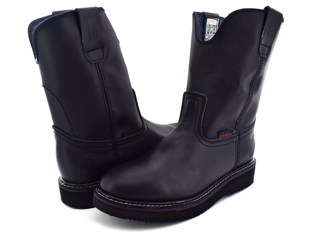 Par de botas Work Power color negro de cuero, estilo roper con costuras blancas.