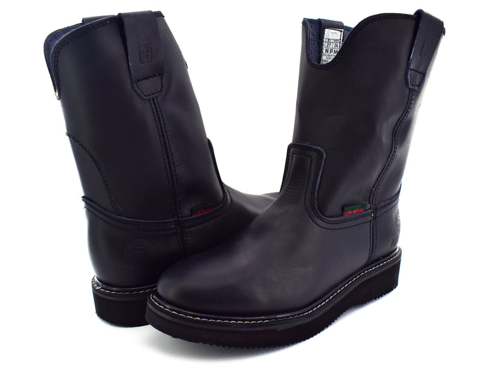 Par de botas Work Power color negro de cuero, estilo roper con costuras blancas.