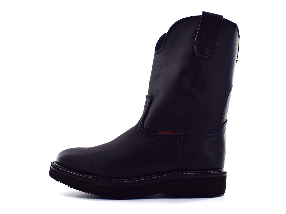 Par de botas Work Power color negro de cuero, estilo roper con costuras blancas.