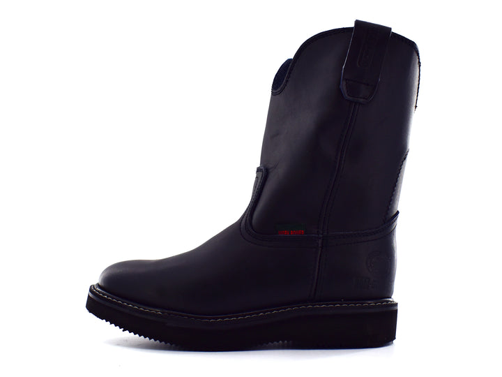 Par de botas Work Power color negro de cuero, estilo roper con costuras blancas.