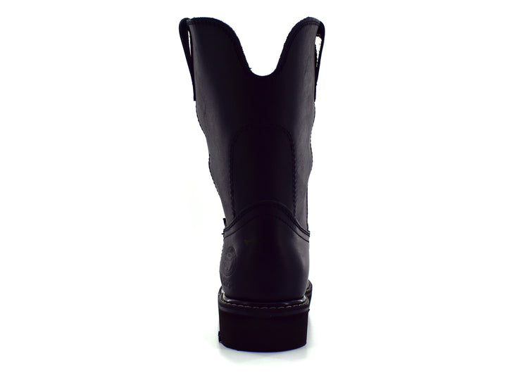 Par de botas Work Power color negro de cuero, estilo roper con costuras blancas.