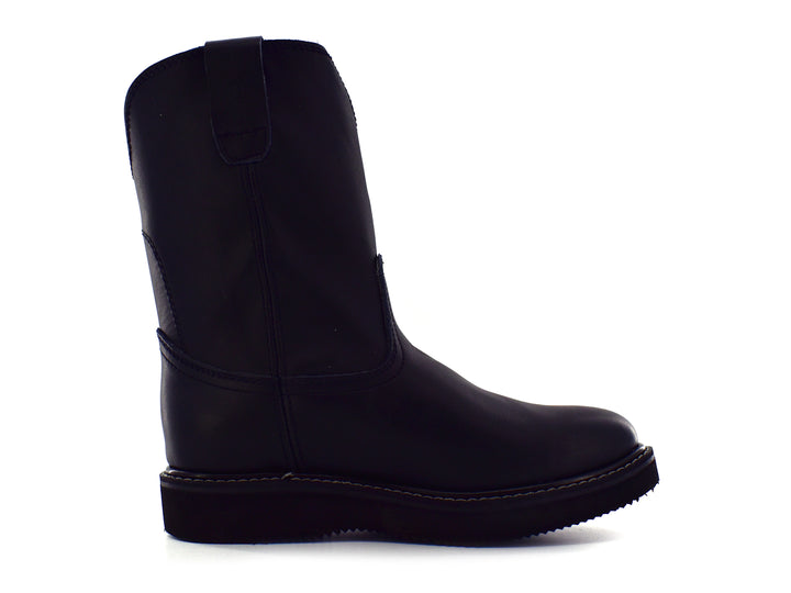 Par de botas Work Power color negro de cuero, estilo roper con costuras blancas.