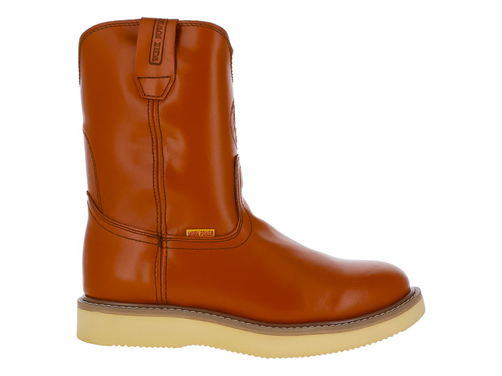 Bota Work Power Roper en color mandarina de cuero liso con suela beige clara.