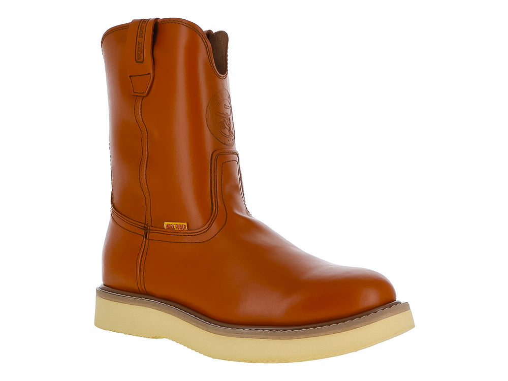 Bota Work Power Roper en color mandarina de cuero liso con suela beige clara.