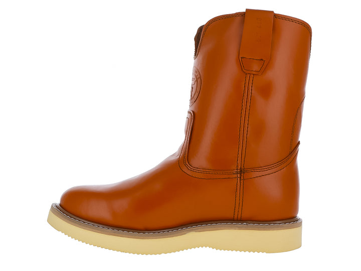 Bota Work Power Roper en color mandarina de cuero liso con suela beige clara.