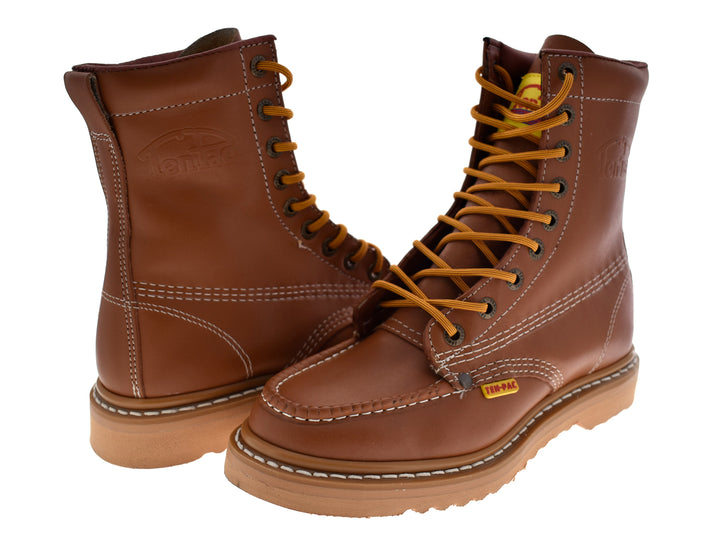Botas de cuero color miel con cordones y costuras blancas para hombre.