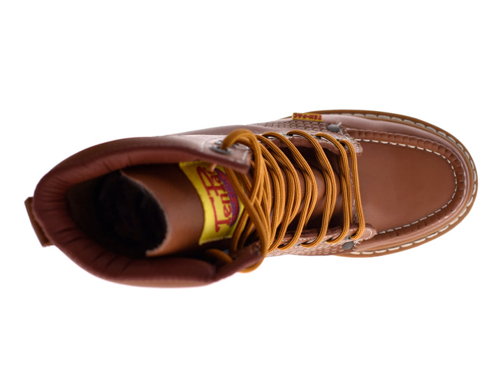 Botas de cuero color miel con cordones y costuras blancas para hombre.