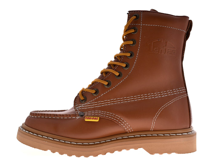 Botas de cuero color miel con cordones y costuras blancas para hombre.