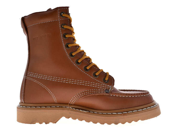 Botas de cuero color miel con cordones y costuras blancas para hombre.
