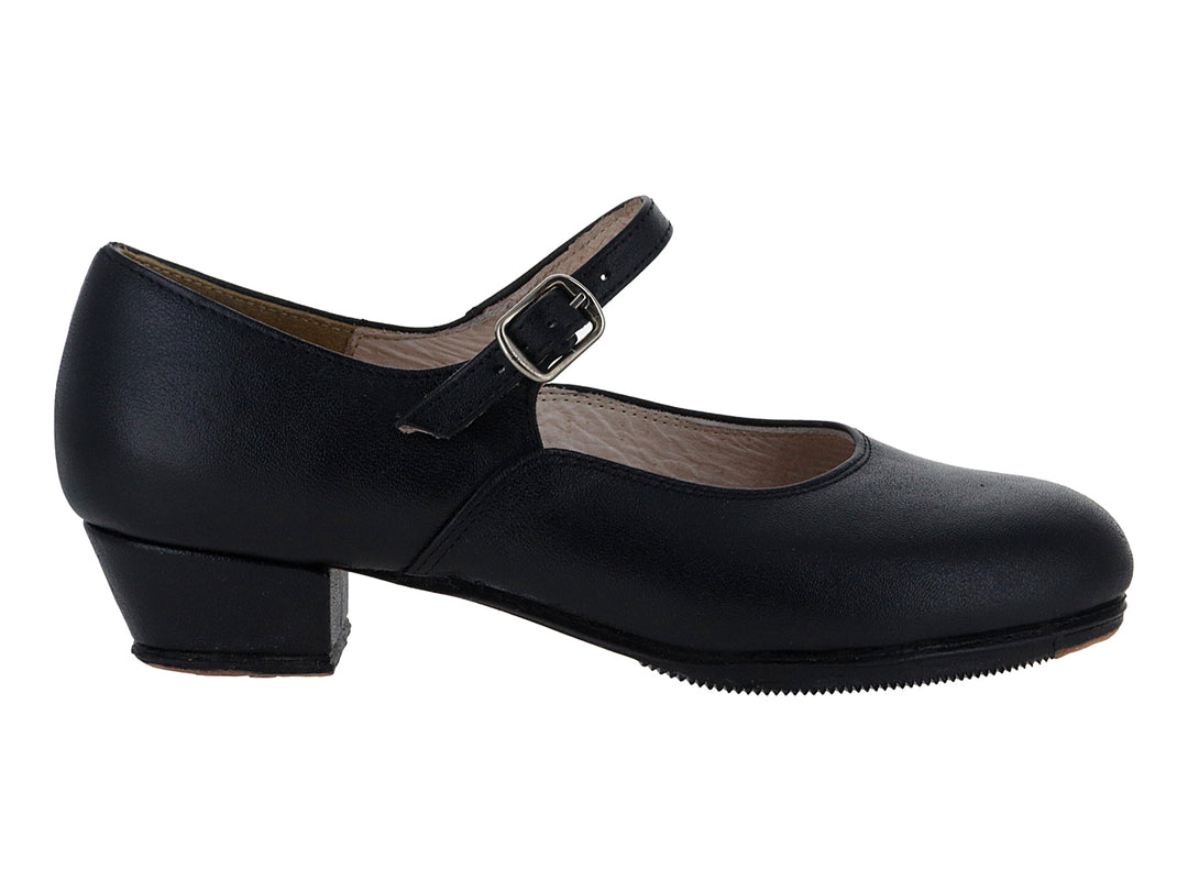 Zapato escolar negro estilo Mary Jane para niños con tacón cuadrado y correa con hebilla.