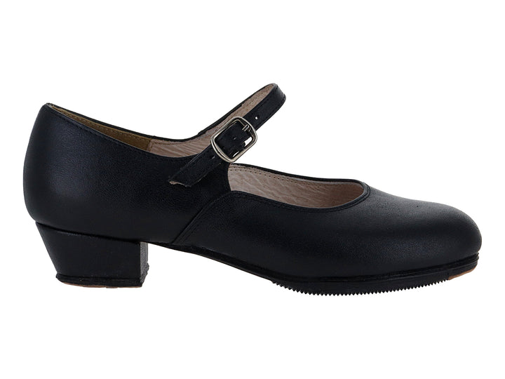 Zapato escolar negro estilo Mary Jane para niños con tacón cuadrado y correa con hebilla.