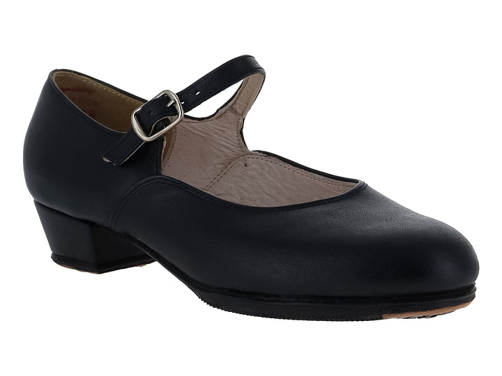 Zapato escolar negro estilo Mary Jane para niños con tacón cuadrado y correa con hebilla.