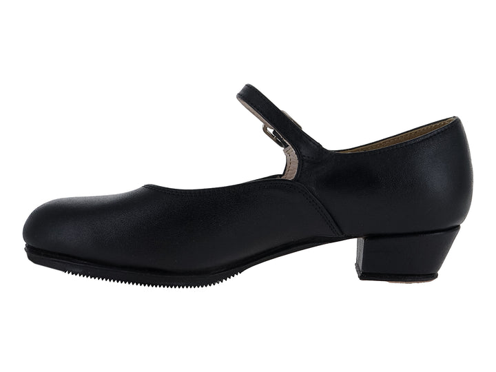 Zapato escolar negro estilo Mary Jane para niños con tacón cuadrado y correa con hebilla.