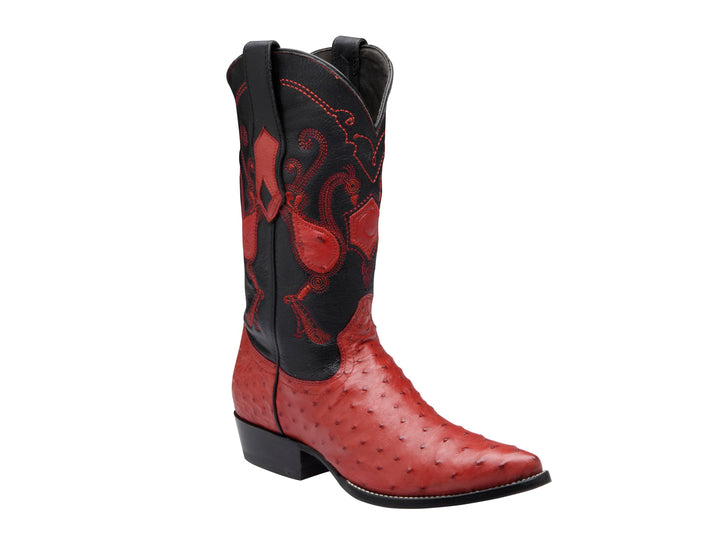 Bota vaquera Cuadra en color rojo flama y negro con textura de cuero de avestruz y detalles bordados.