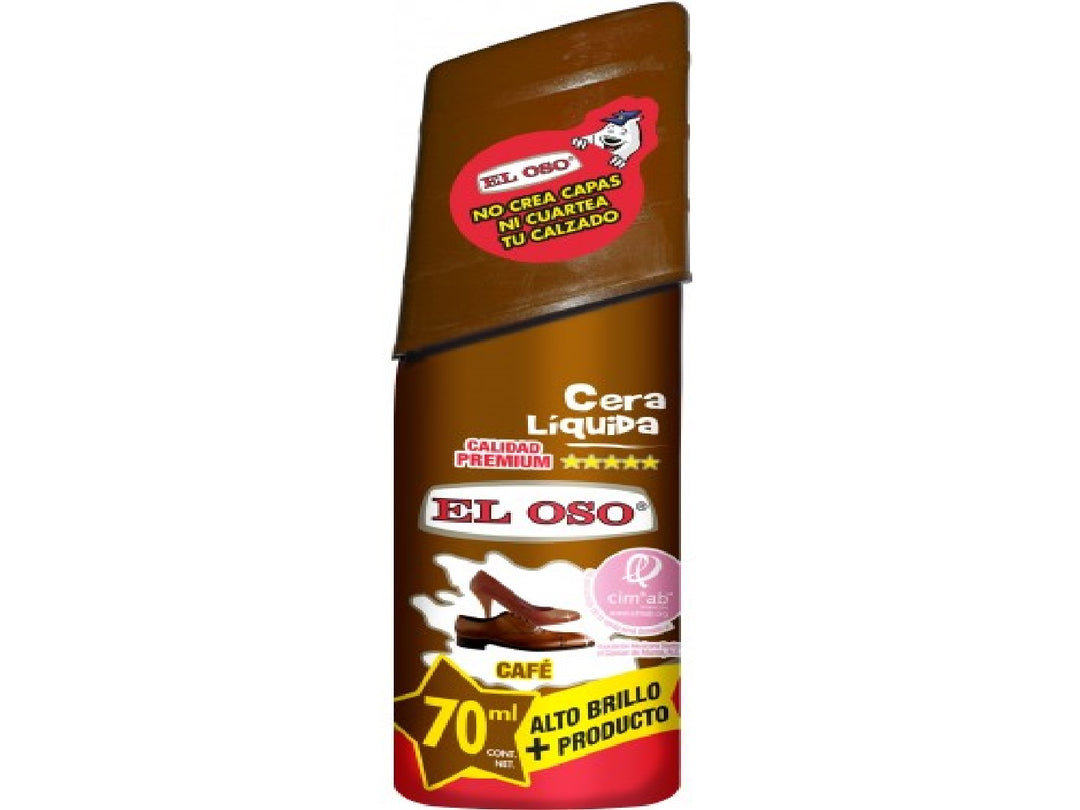 Envase de cera líquida para zapatos marca El Oso color café con aplicador de esponja integrado.