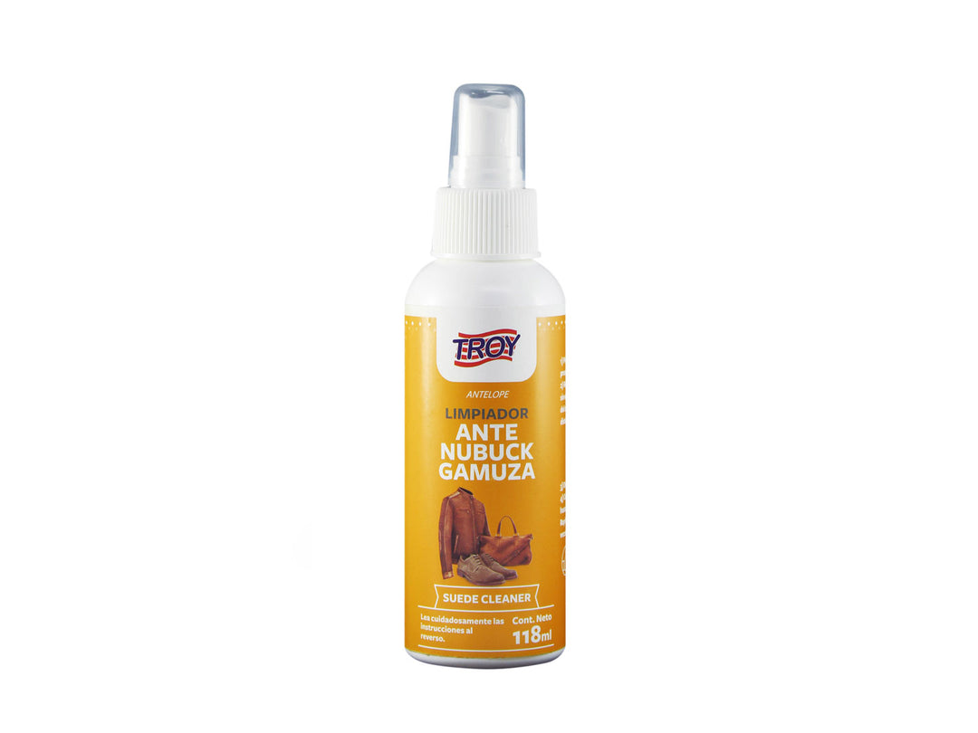 Botella spray de Limpiador Troy para Ante, Nubuck y Gamuza con etiqueta amarilla y blanca.