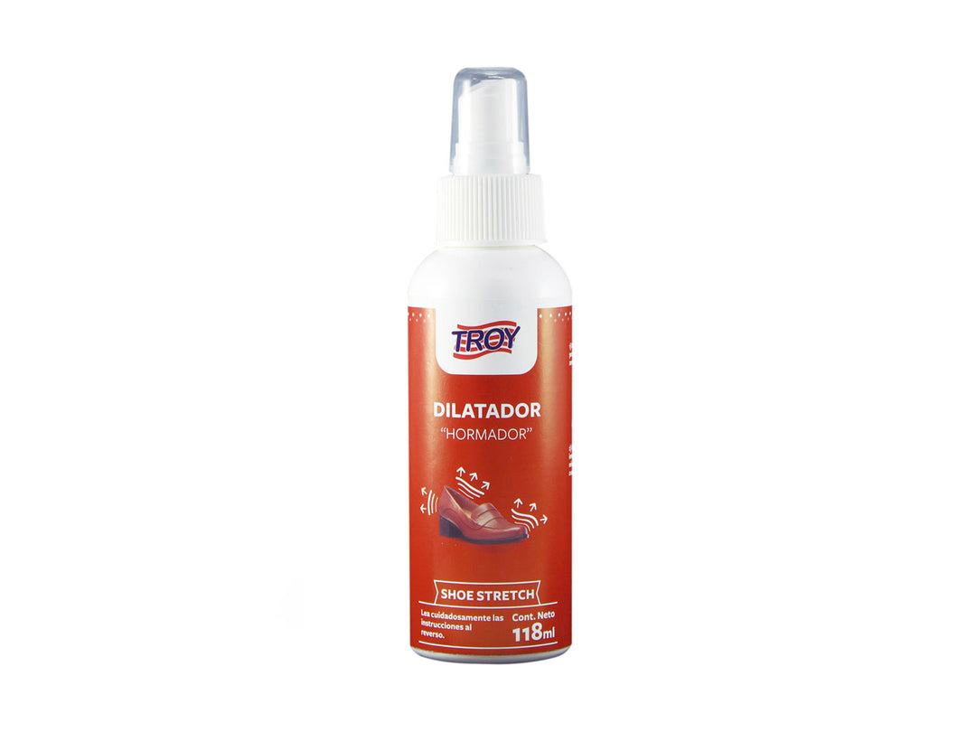 Botella de spray dilatador de piel TROY, envase blanco con etiqueta roja.