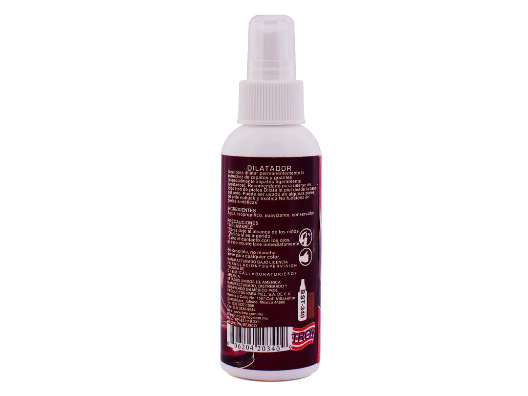 Botella de spray dilatador de piel TROY, envase blanco con etiqueta roja.