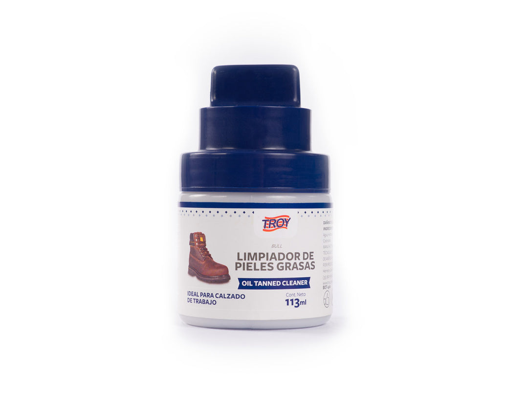Envase de limpiador de pieles grasas Troy de 113ml con tapa azul y cuerpo blanco.