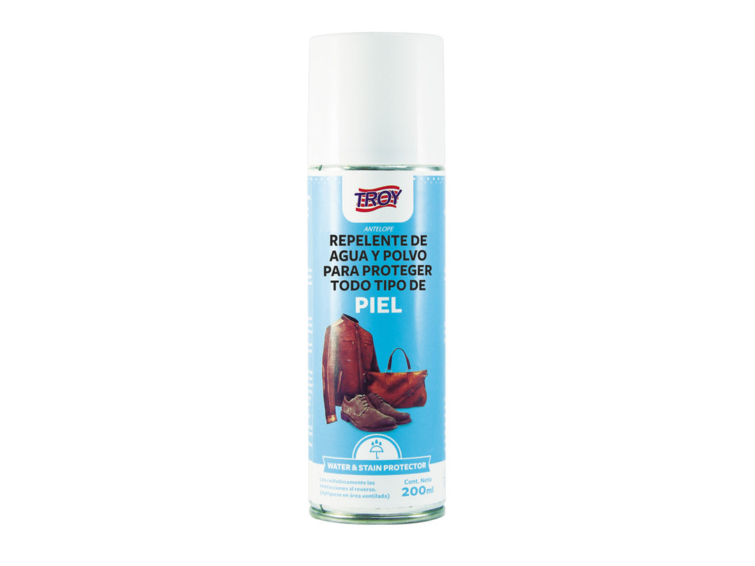 Envase de spray repelente de agua y polvo Troy para piel, con tapa blanca y etiqueta azul.