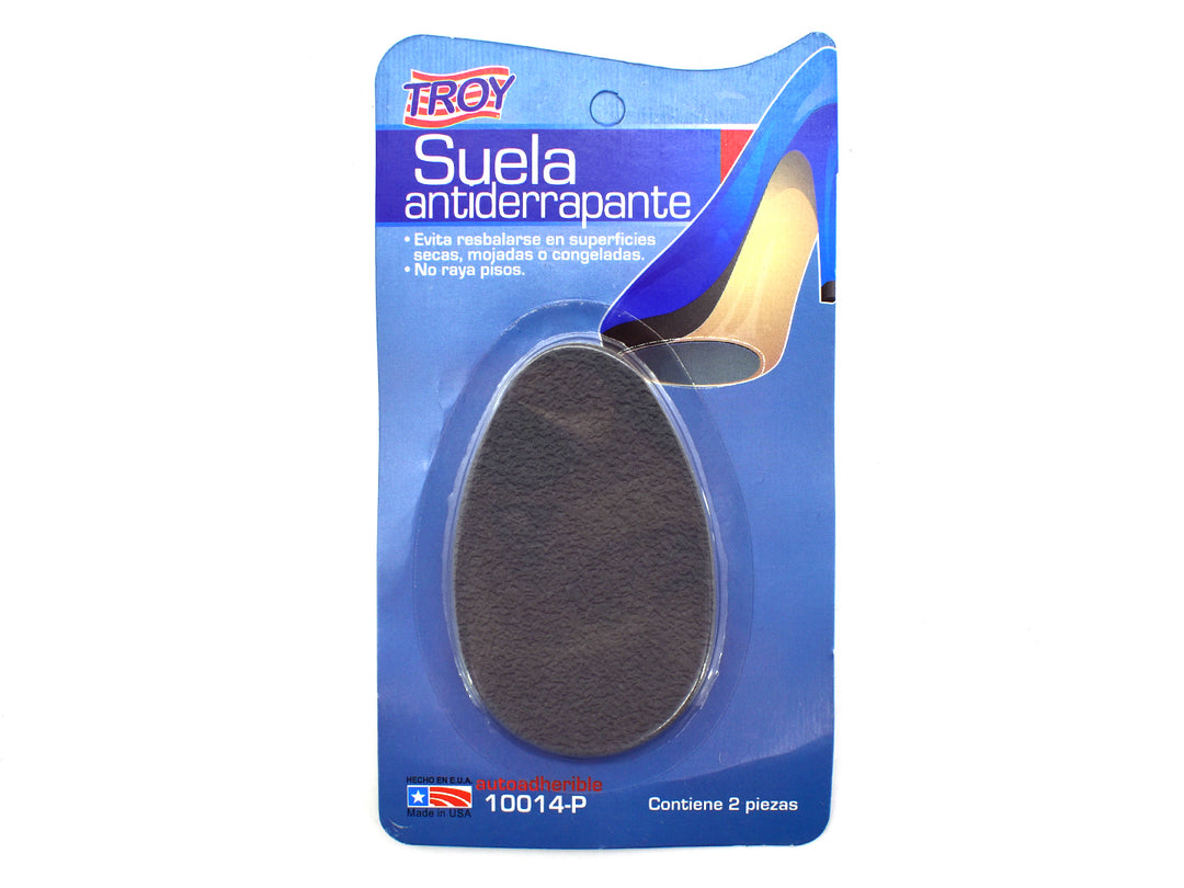 Suela antiderrapante Troy de color negro en empaque azul.