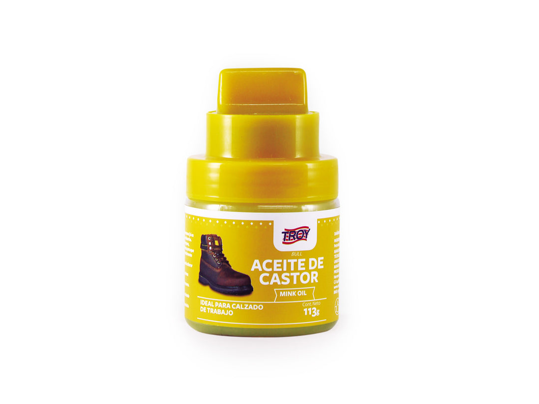 Envase amarillo de Aceite de Castor marca Troy para el cuidado del calzado, contenido 113g.