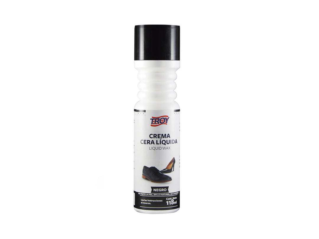 Botella de crema cera líquida TROY color negro con tapa negra y envase blanco.