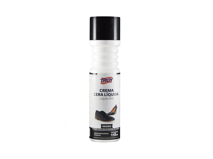 Botella de crema cera líquida TROY color negro con tapa negra y envase blanco.