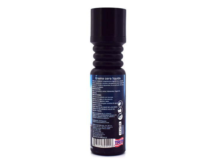 Botella de crema cera líquida TROY color negro con tapa negra y envase blanco.