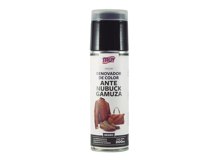 Envase de spray Renovador de Color Troy para ante, nubuck y gamuza en color negro.