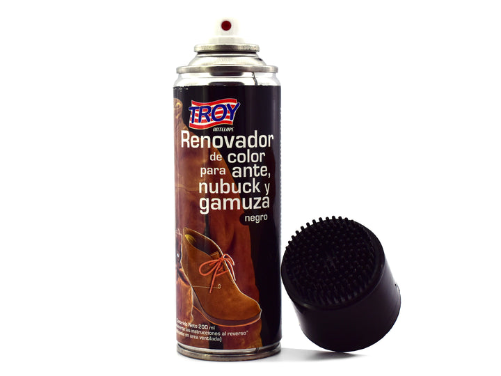 Envase de spray Renovador de Color Troy para ante, nubuck y gamuza en color negro.