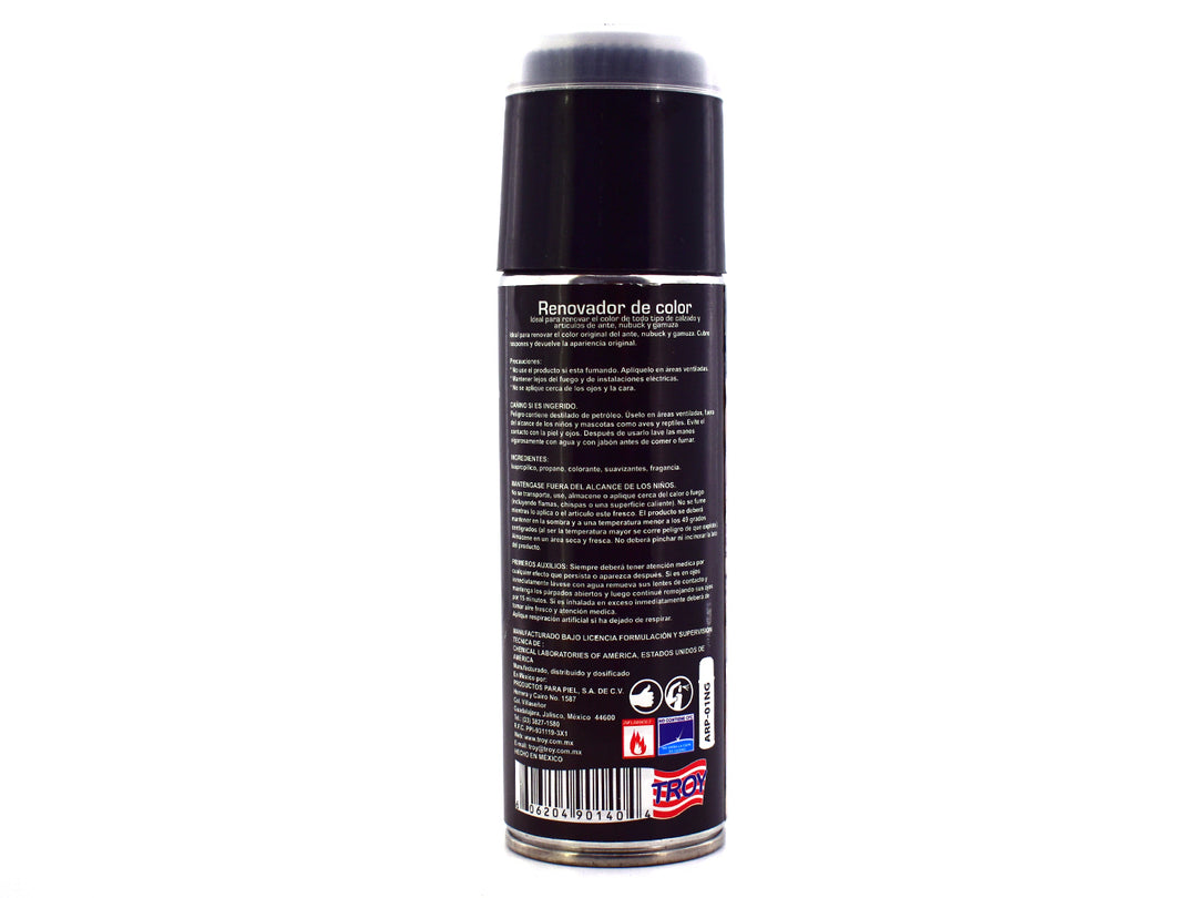Envase de spray Renovador de Color Troy para ante, nubuck y gamuza en color negro.