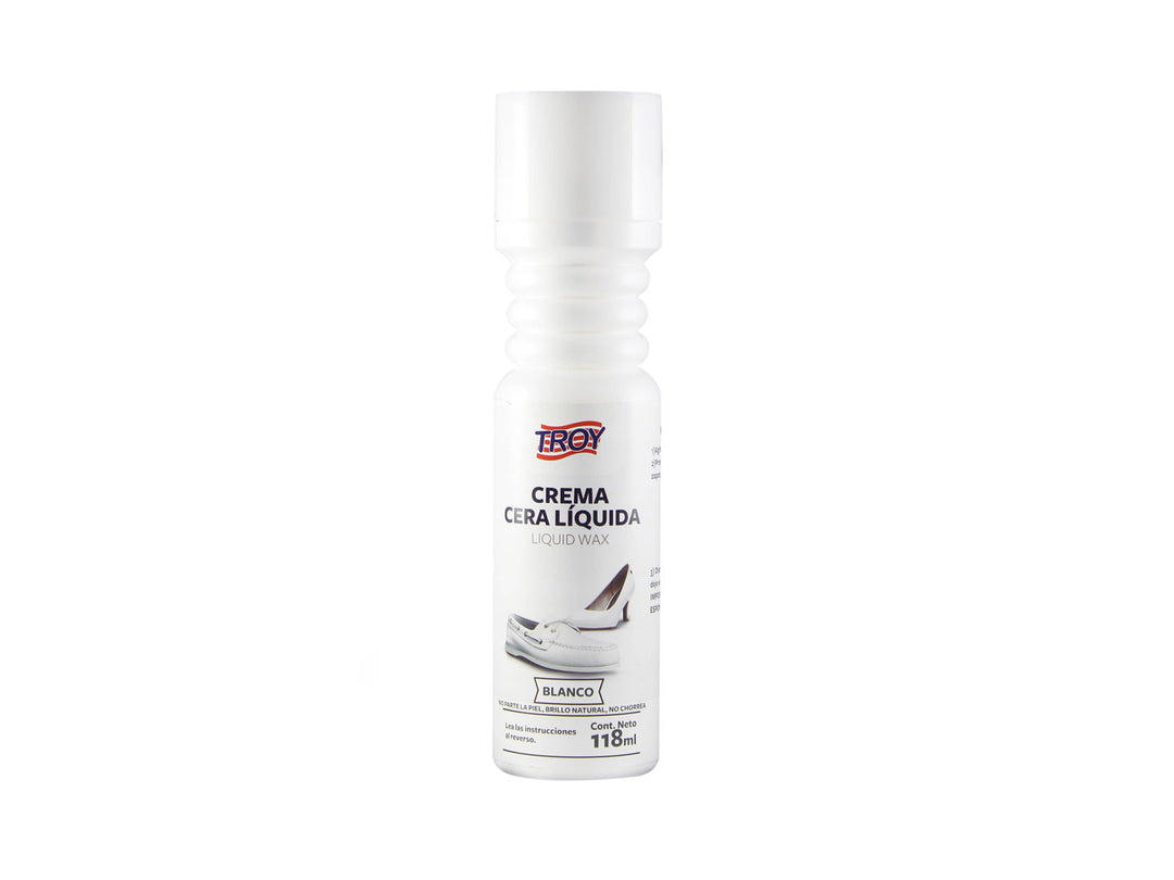 Botella blanca de crema cera líquida TROY para calzado de 118ml.