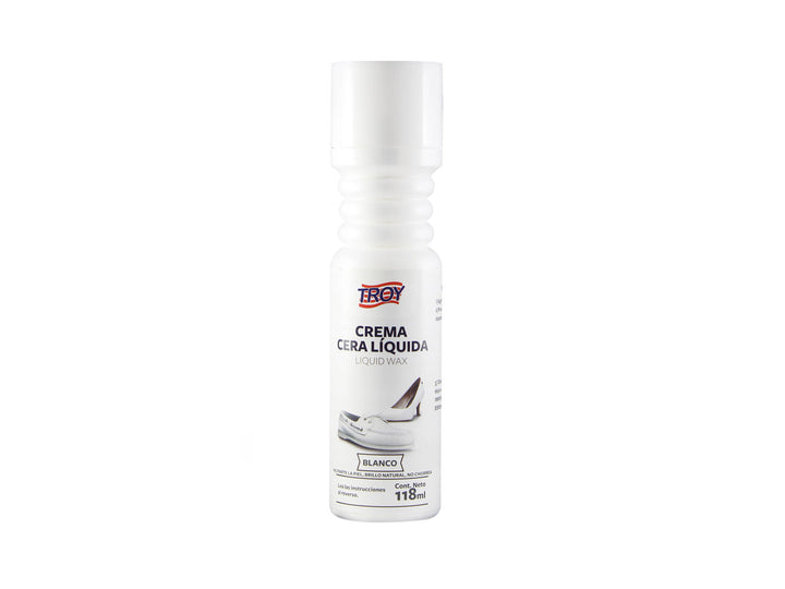 Botella blanca de crema cera líquida TROY para calzado de 118ml.