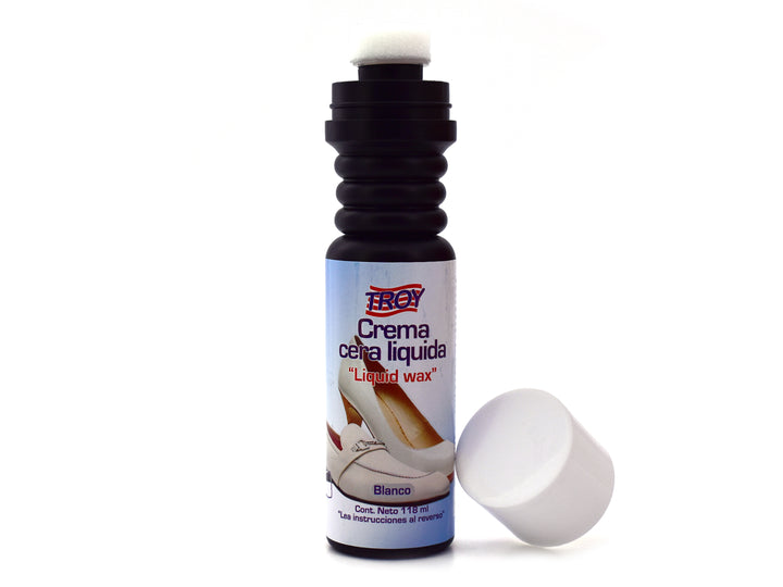 Botella blanca de crema cera líquida TROY para calzado de 118ml.