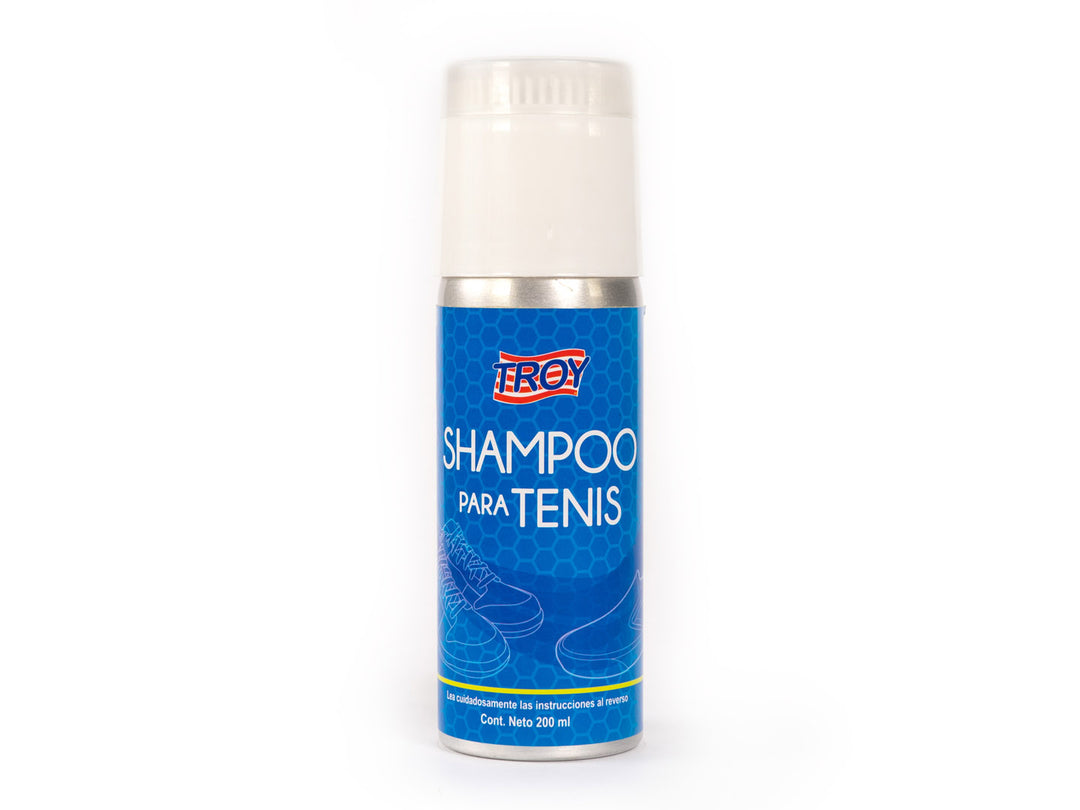 Envase de aerosol azul con tapa blanca de Shampoo para Tenis marca Troy.