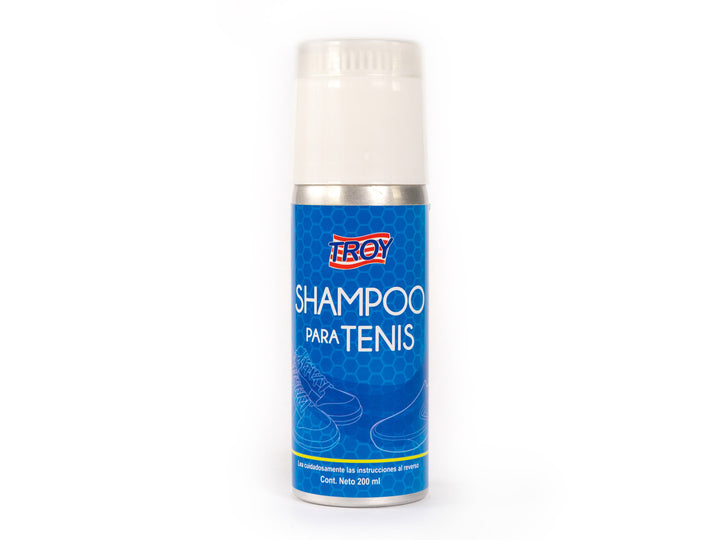 Envase de aerosol azul con tapa blanca de Shampoo para Tenis marca Troy.