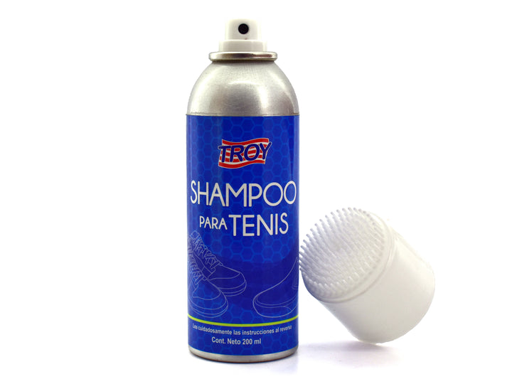 Envase de aerosol azul con tapa blanca de Shampoo para Tenis marca Troy.