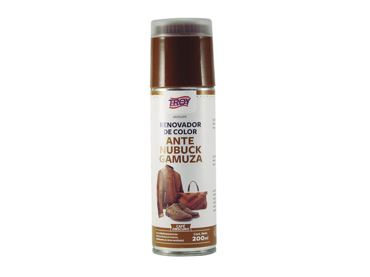 Envase de spray Renovador de Color Troy para ante, nubuck y gamuza en color café oscuro.