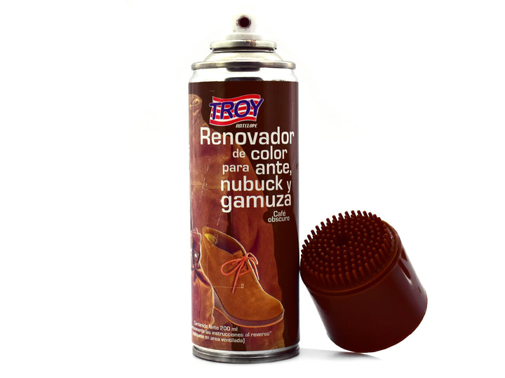 Envase de spray Renovador de Color Troy para ante, nubuck y gamuza en color café oscuro.